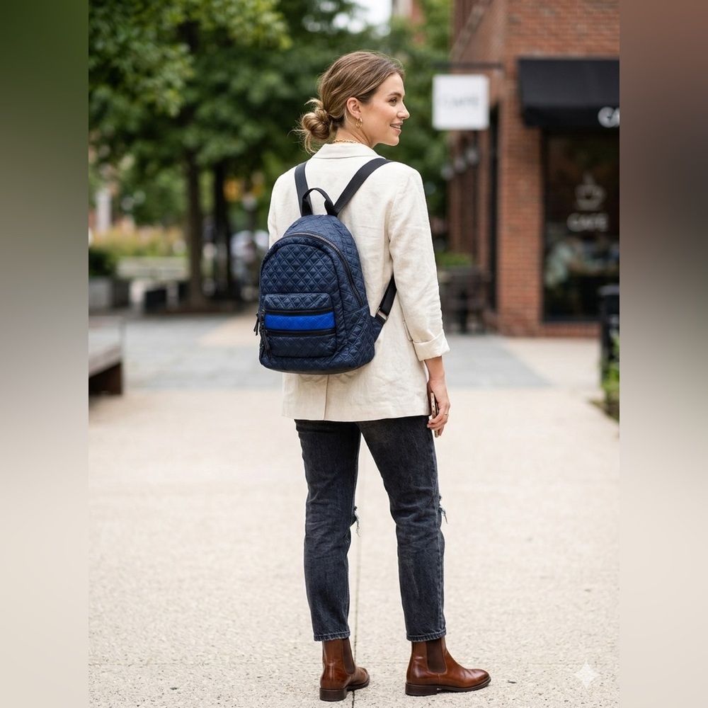 Sondra Roberts Quilted Nylon Backpack Navy Blue Puffer School Travel Bag